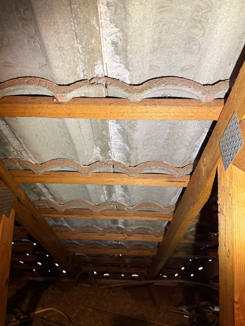Efflorescence under roof tiles showing water has been passing through, found during a pre-purchase inspection in Wantirna South