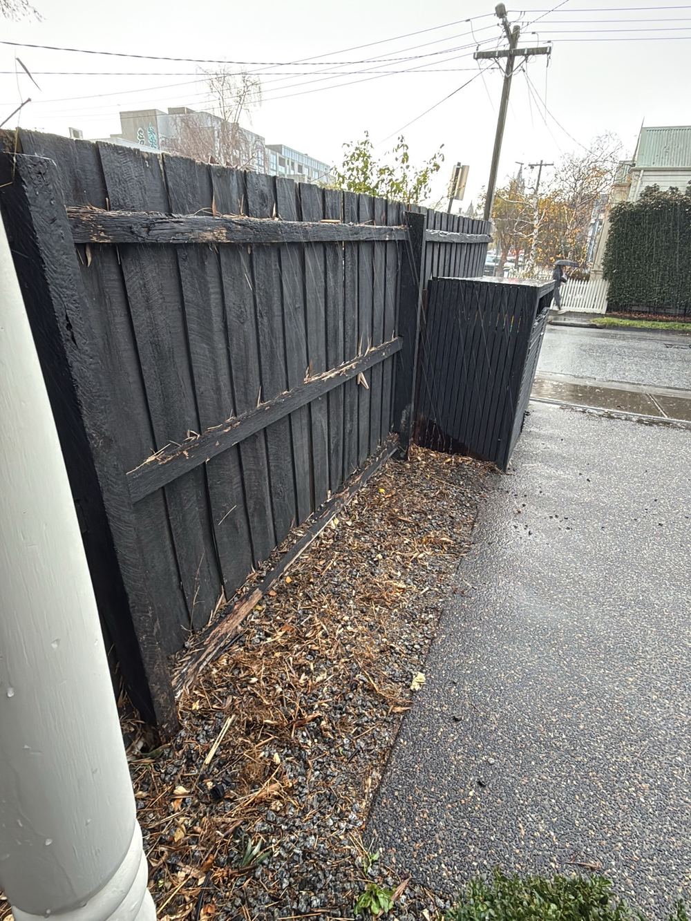Front timber fence decayed and leaning, found during a pre-purchase inspection in Hawthorn