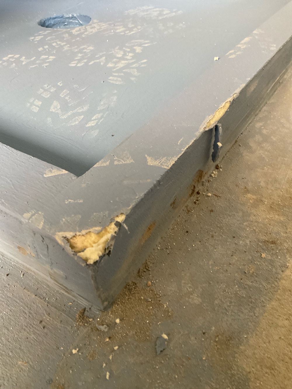 Waterproofing membrane damaged and needing repair before tiling, found during a waterproofing inspection in Lara